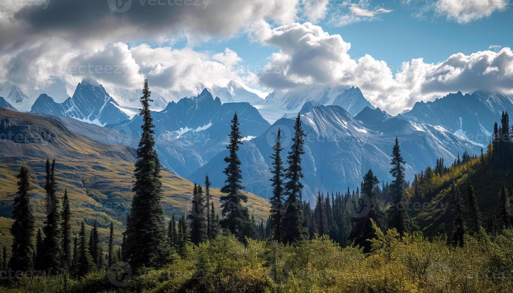 ai generado Nevado montañas de Alaska, paisaje con bosques, valles, y ríos en tiempo de día. sereno desierto naturaleza composición antecedentes fondo de pantalla, viaje destino, aventuras al aire libre foto