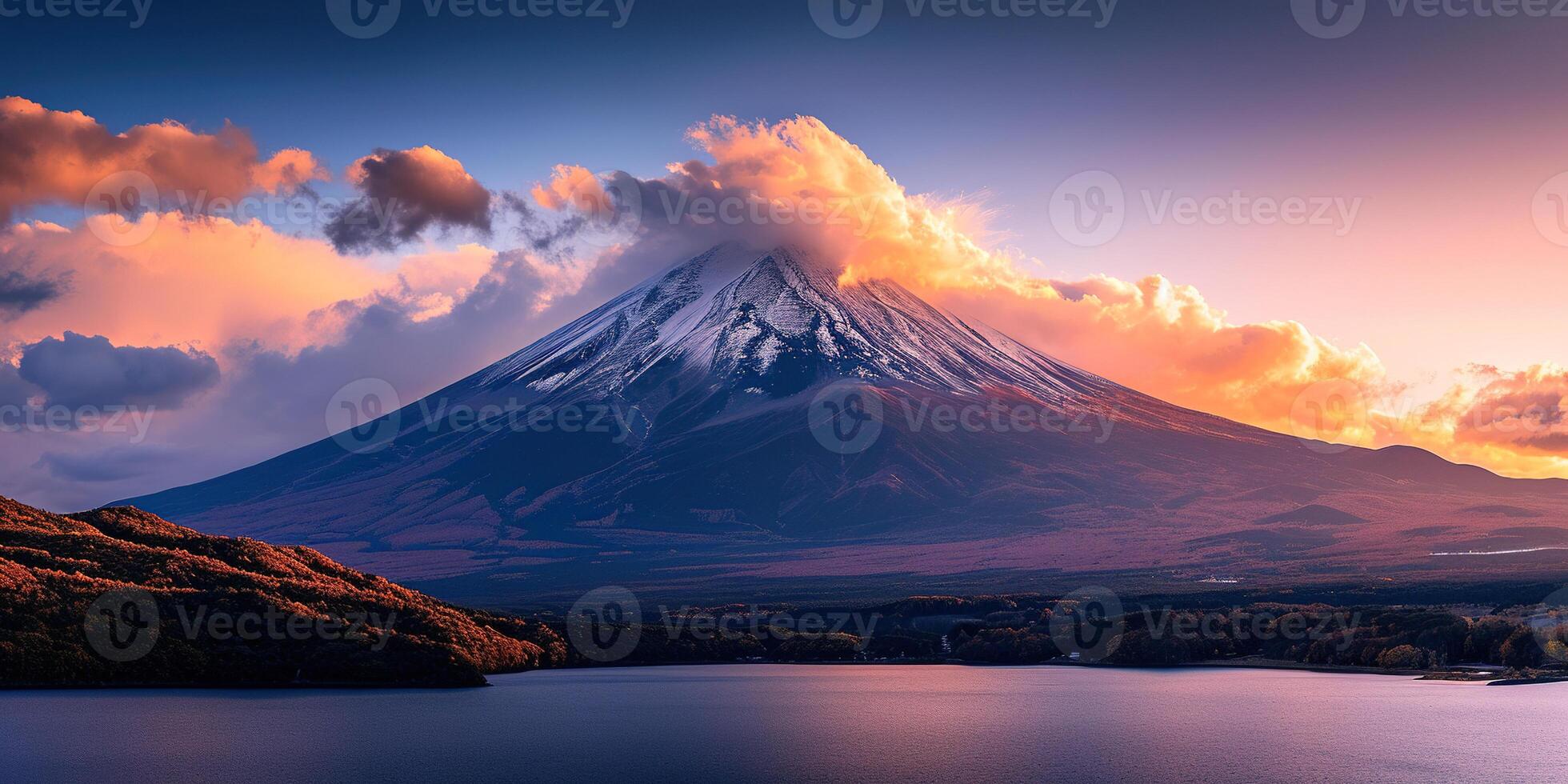AI generated Mt. Fuji, mount Fuji-san tallest volcano mountain in Tokyo, Japan. Snow capped peak, conical sacred symbol, purple, orange sunset nature landscape backdrop background wallpaper, travel photo