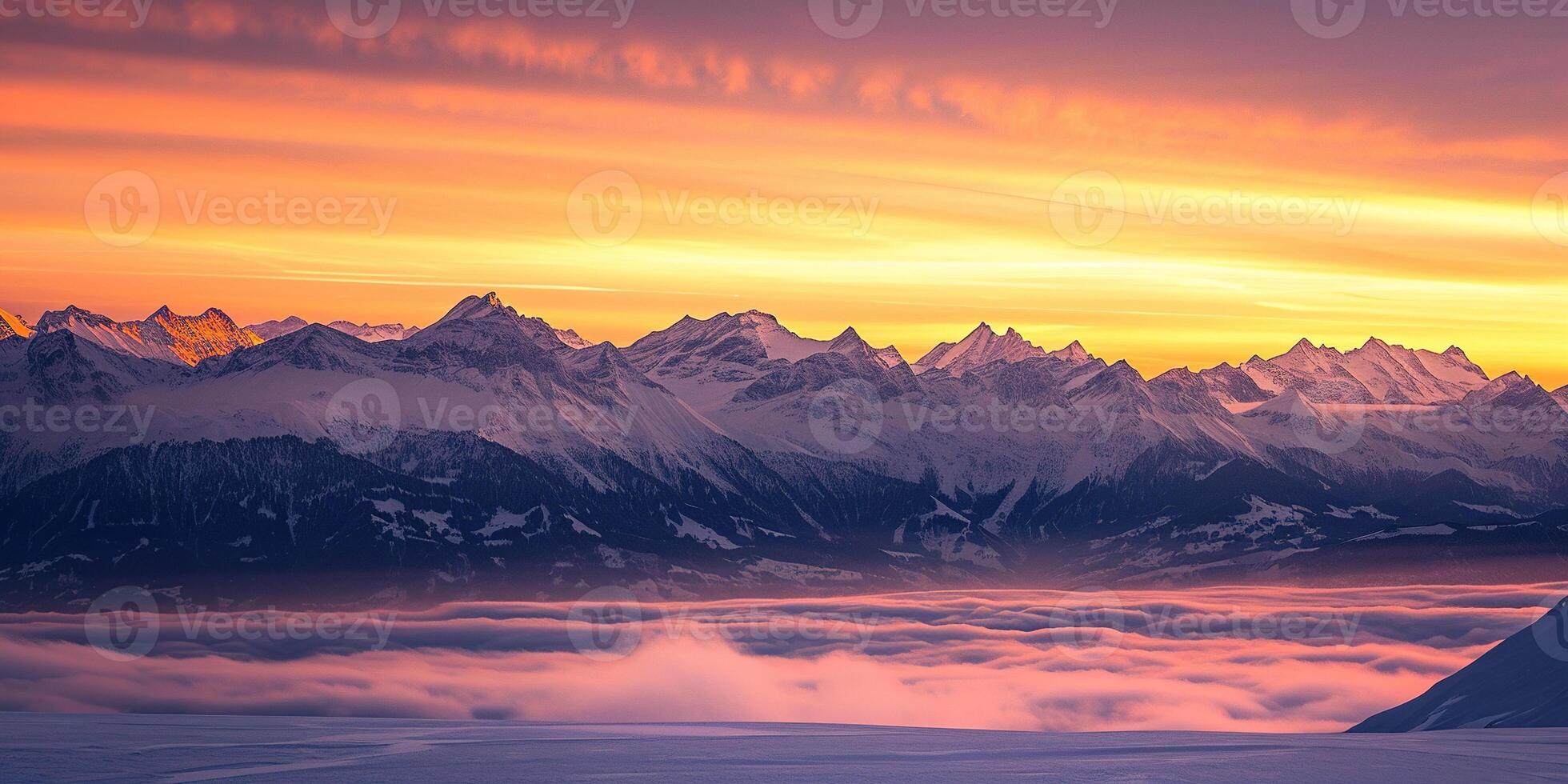 AI generated Swiss Alps snowy mountain range with valleys and meadows, countryside in Switzerland landscape. Golden hour majestic fiery sunset sky, travel destination wallpaper background photo