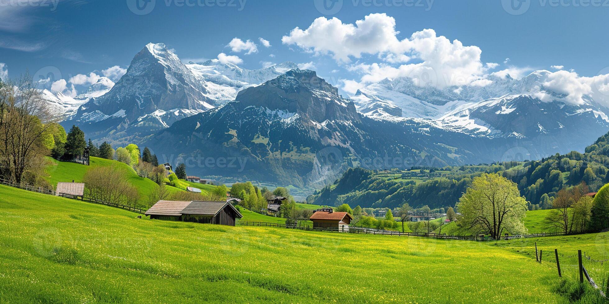 ai generado suizo Alpes montaña rango con lozano bosque valles y prados, campo en Suiza paisaje. Nevado montaña tapas en el horizonte, viaje destino fondo de pantalla antecedentes foto