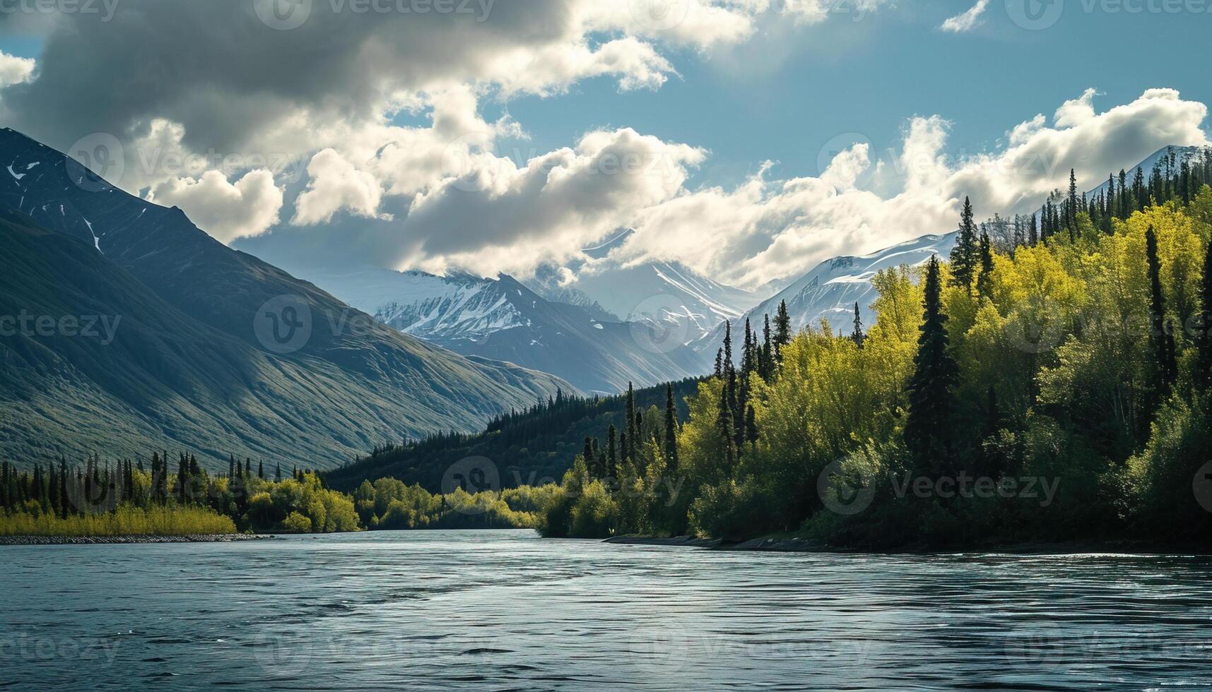 ai generado Nevado montañas de Alaska, paisaje con bosques, valles, y ríos en tiempo de día. sereno desierto naturaleza composición antecedentes fondo de pantalla, viaje destino, aventuras al aire libre foto