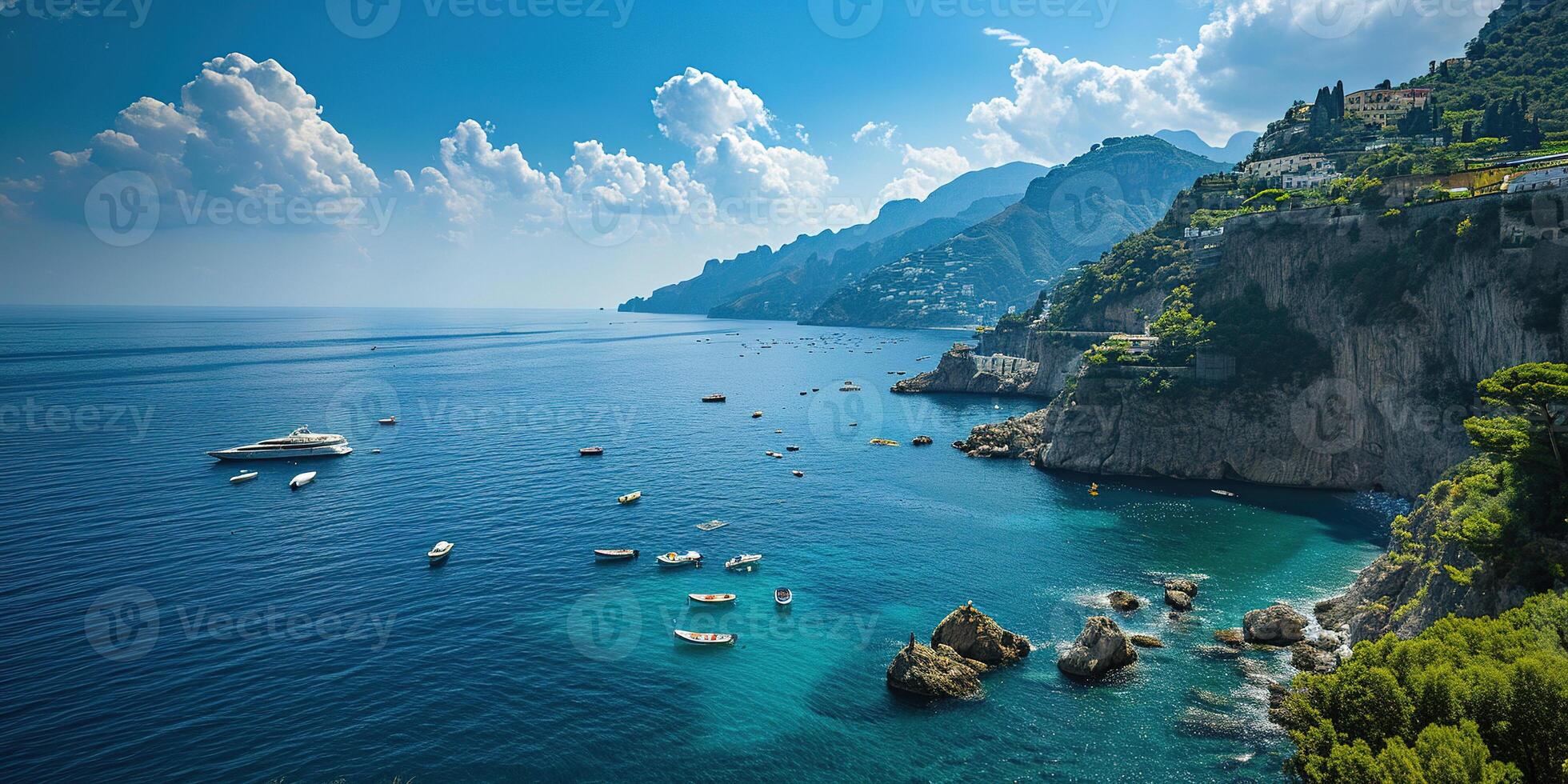 AI generated Amalfi coast coastline in Sorrentine Peninsula, Campania region, Italy. Holiday destination shoreline with hills, beaches, and cliffs, sea view, blue sky day wallpaper background photo