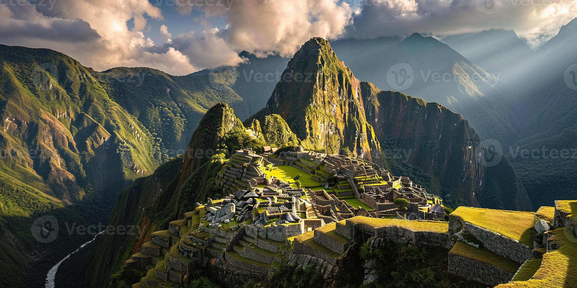 ai generado histórico santuario de machu picchu en un montaña cresta, oriental Cordillera de del Sur Perú. inca ciudadela en el Andes montañas, antiguo civilización, puesta de sol panorama paisaje foto