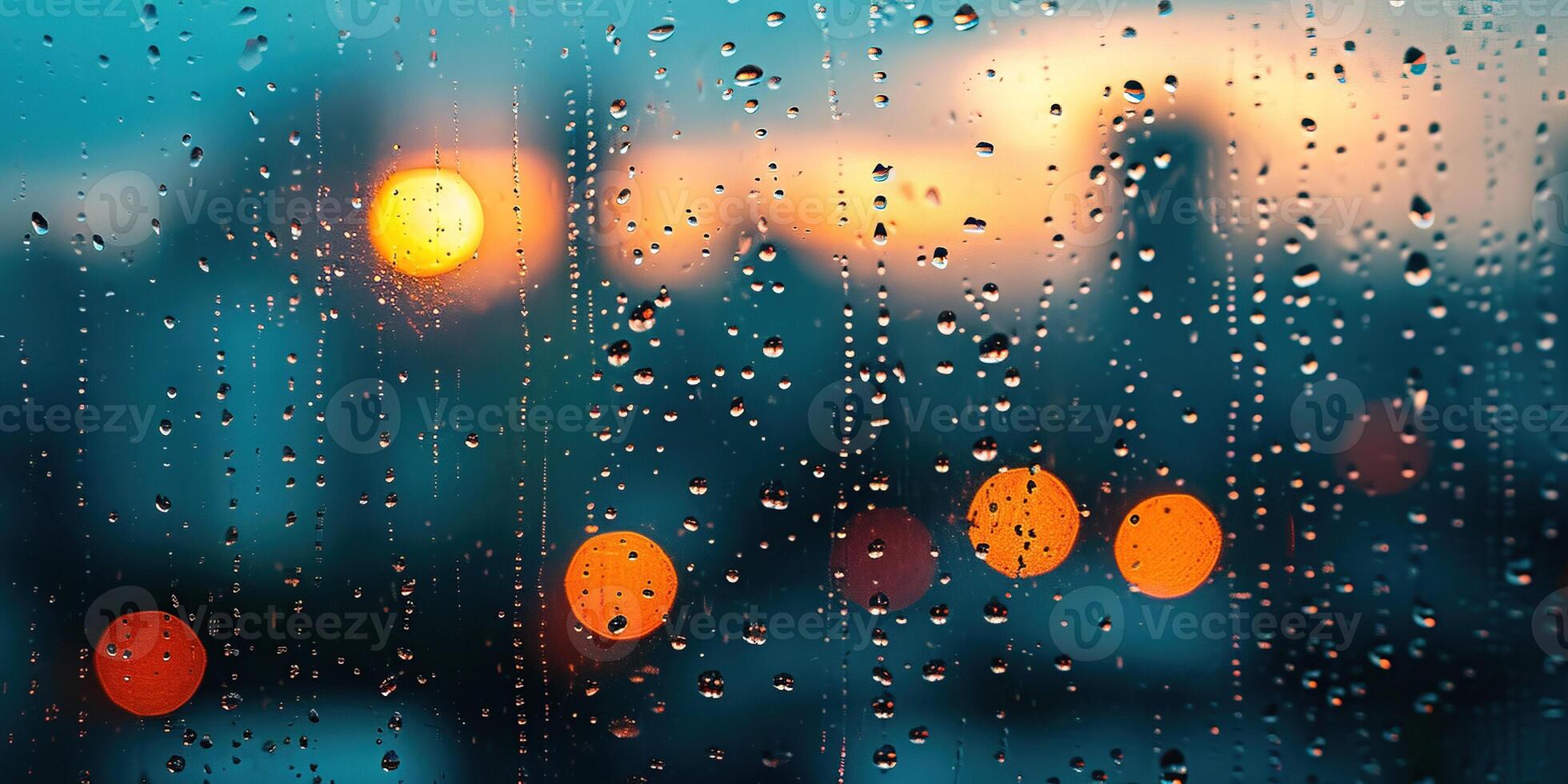 ai generado lluvioso ventana con borroso ciudad luces en el antecedentes a puesta de sol. bokeh fuera de atención difuminar, frío clima, melancólico ánimo, dorado hora rayos de sol, nostalgia concepto fondo foto