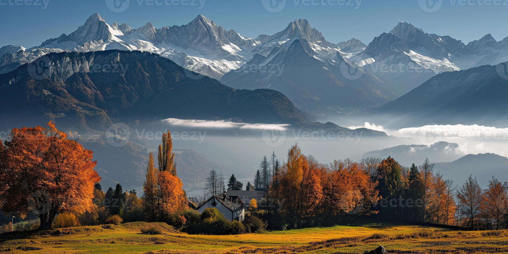 AI generated Swiss Alps mountain range with lush forest valleys and meadows, countryside in Switzerland landscape. Serene idyllic panorama, majestic nature, relaxation, calmness concept photo