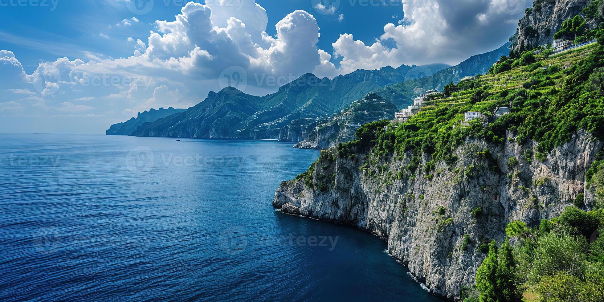 AI generated Amalfi coast coastline in Sorrentine Peninsula, Campania region, Italy. Holiday destination shoreline with hills, beaches, and cliffs, sea view, blue sky day wallpaper background photo