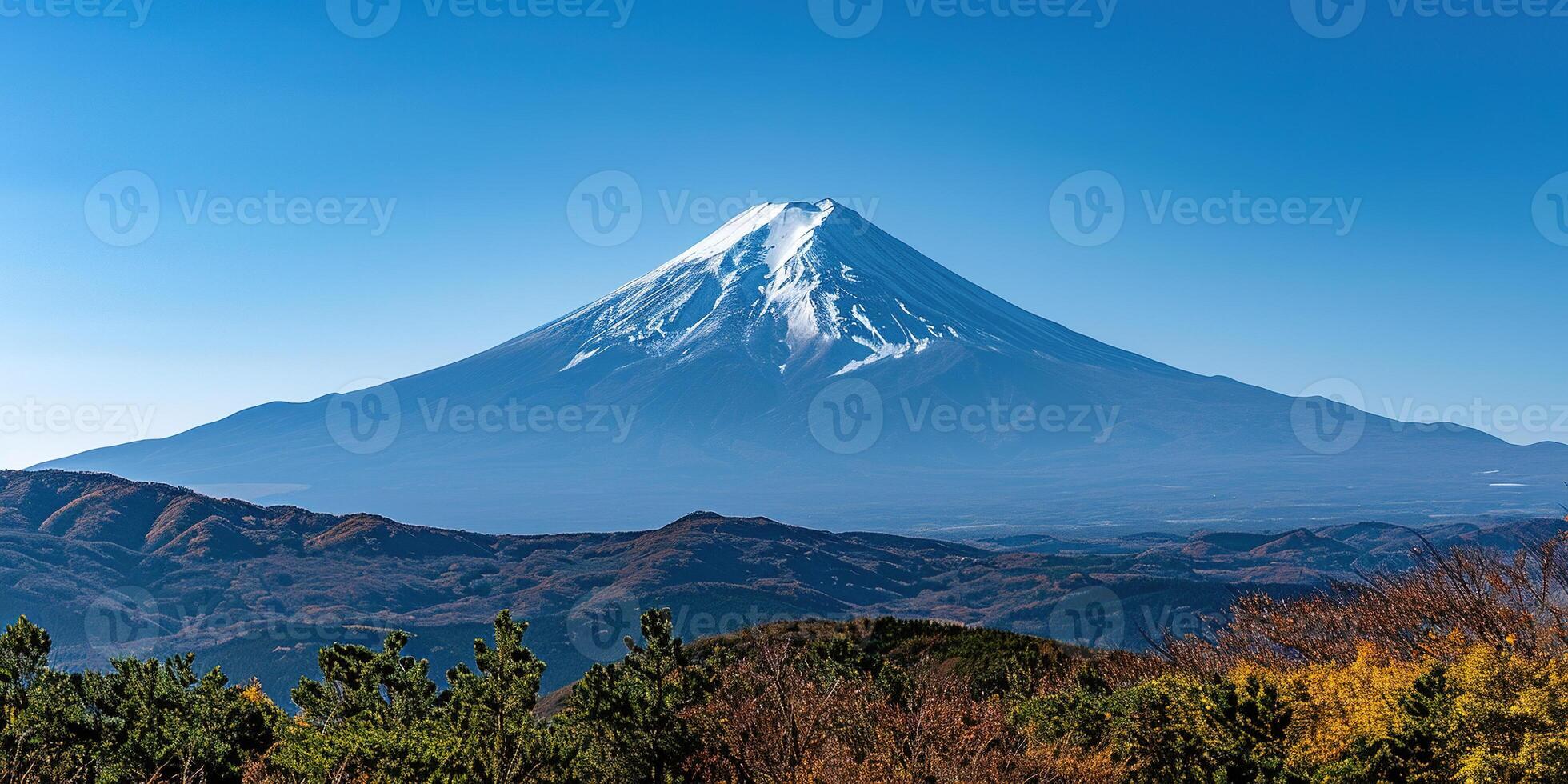 AI generated Mt. Fuji, mount Fuji-san tallest volcano mountain in Tokyo, Japan. Snow capped peak, conical sacred symbol, nature landscape backdrop background wallpaper, travel destination photo