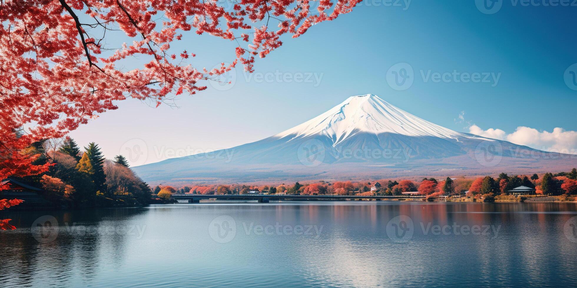 ai generado monte. fuji, montar fuji-san más alto volcán montaña en tokio, Japón. nieve tapado cima, cónico sagrado símbolo, otoño caer, rojo árboles, naturaleza paisaje fondo antecedentes fondo de pantalla, viaje foto