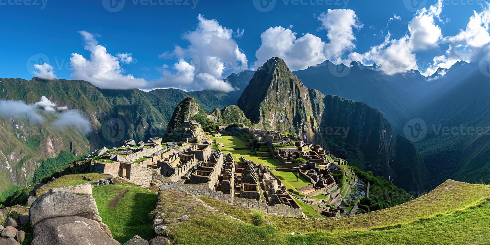 ai generado histórico santuario de machu picchu en un montaña cresta, oriental Cordillera de del Sur Perú. inca ciudadela en el Andes montañas, antiguo civilización, naturaleza panorama paisaje foto