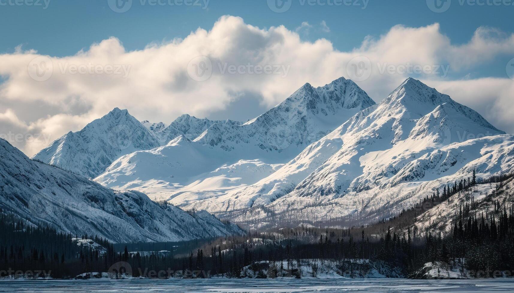 AI generated Snowy mountains of Alaska, landscape with forests, valleys, and rivers in daytime. Breathtaking nature composition background wallpaper, travel destination, adventure outdoors photo