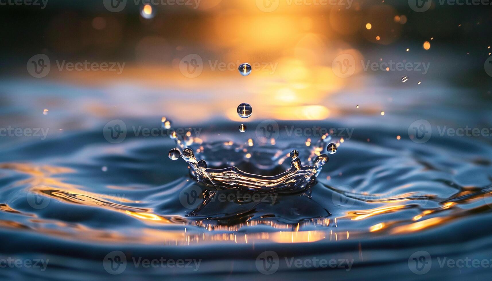 AI generated Closeup of a water drop splash in in a pond during golden hour sunset. Macro shot, orange and yellow tones, refreshing beautiful nature, surface tension, ripples photo