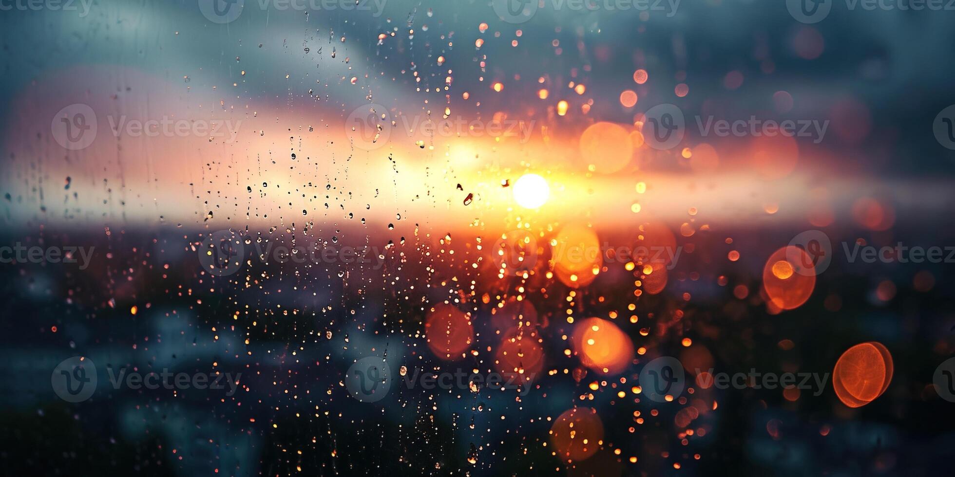 AI generated Rainy window with blurry city lights in the background at sunset. Bokeh out of focus blur, cold weather, melancholic mood, golden hour sunrays, longing concept backdrop photo