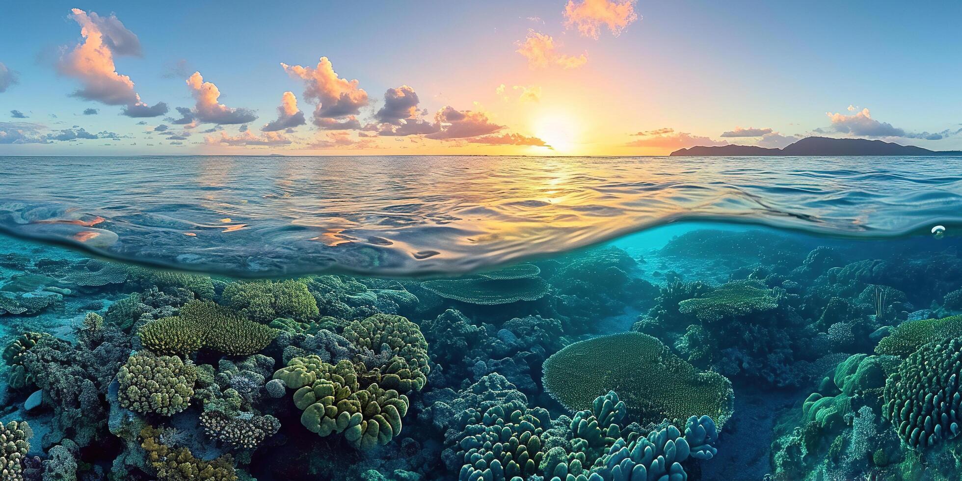 AI generated Great Barrier Reef on the coast of Queensland, Australia seascape. Coral marine ecosystem underwater split view, golden hour sunset evening sky wallpaper background photo