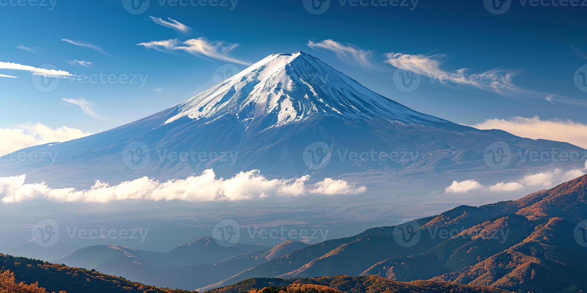 AI generated Mt. Fuji, mount Fuji-san tallest volcano mountain in Tokyo, Japan. Snow capped peak, conical sacred symbol, nature landscape backdrop background wallpaper, travel destination photo
