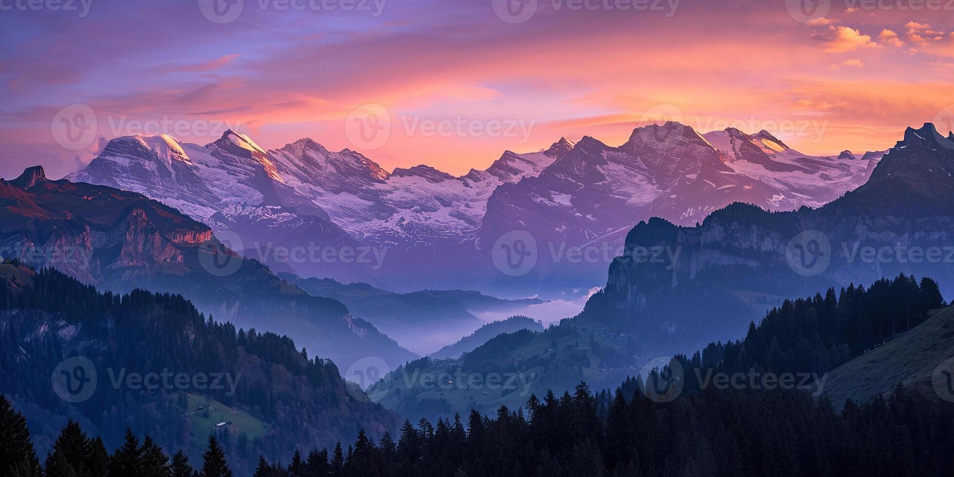 AI generated Swiss Alps snowy mountain range with valleys and meadows, Switzerland landscape. Golden hour sunset, serene idyllic panorama, majestic nature, relaxation, calmness concept photo
