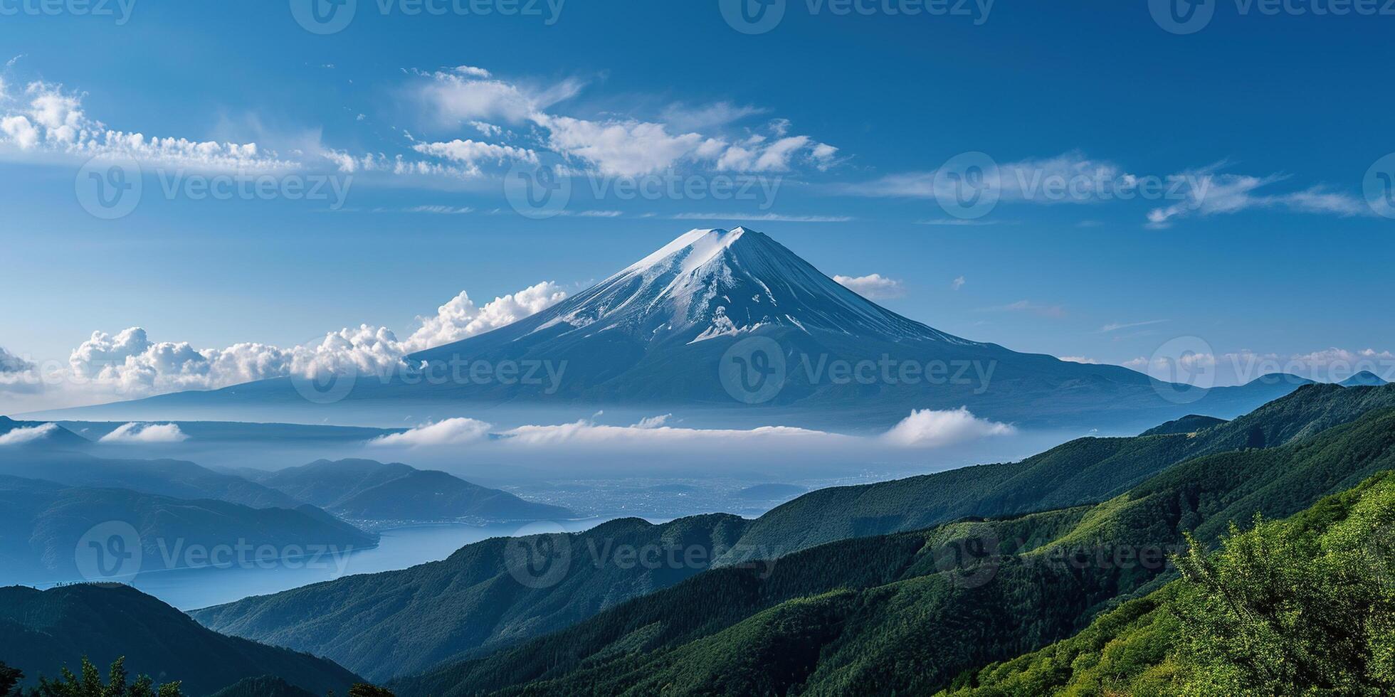 AI generated Mt. Fuji, mount Fuji-san tallest volcano mountain in Tokyo, Japan. Snow capped peak, conical sacred symbol, nature landscape backdrop background wallpaper, travel destination photo