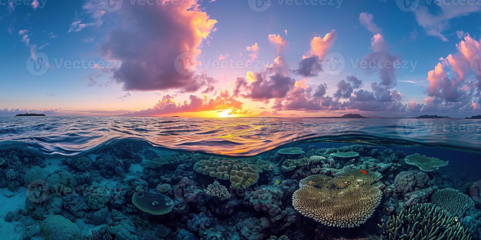 AI generated Great Barrier Reef on the coast of Queensland, Australia seascape. Coral marine ecosystem underwater split view, golden hour sunset evening sky wallpaper background photo