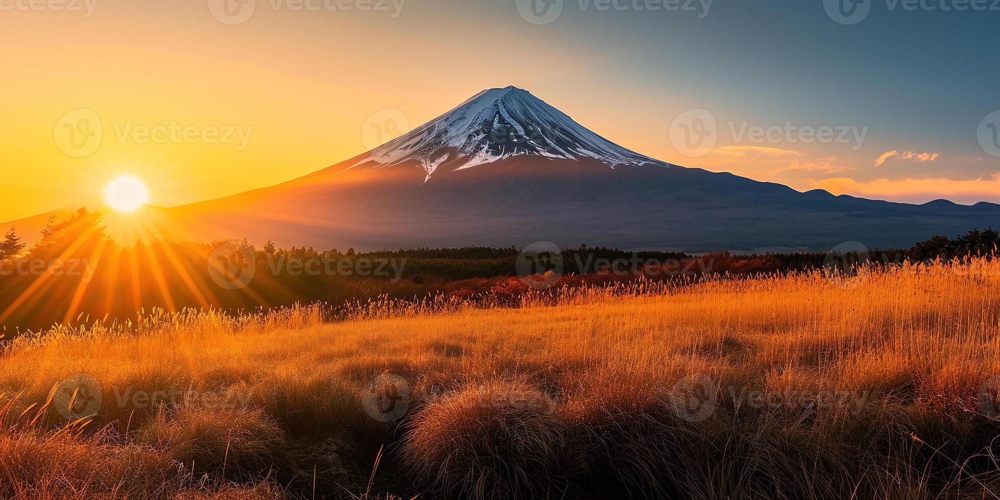 AI generated Mt. Fuji, mount Fuji-san tallest volcano mountain in Tokyo, Japan. Snow capped peak, conical sacred symbol, purple, orange sunset nature landscape backdrop background wallpaper, travel photo