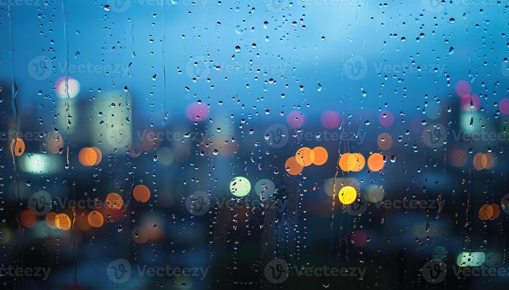 AI generated Rainy window with blurry city lights in the background. Bokeh out of focus blur, gloomy weather, melancholic mood, sadness, longing, depression concept backdrop photo