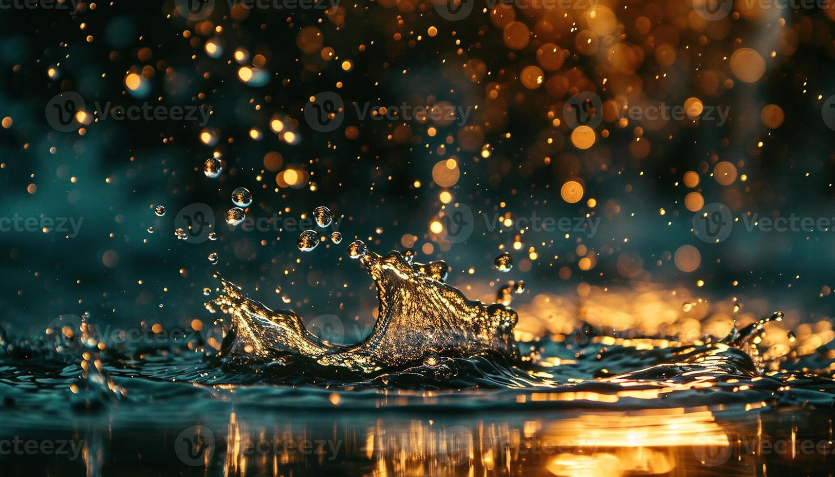 AI generated Close up of rain drops splashing in in a puddle. Rainy season Autumn in a city macro shot, golden hour sunset lighting, uplifting, invigorating mood photo