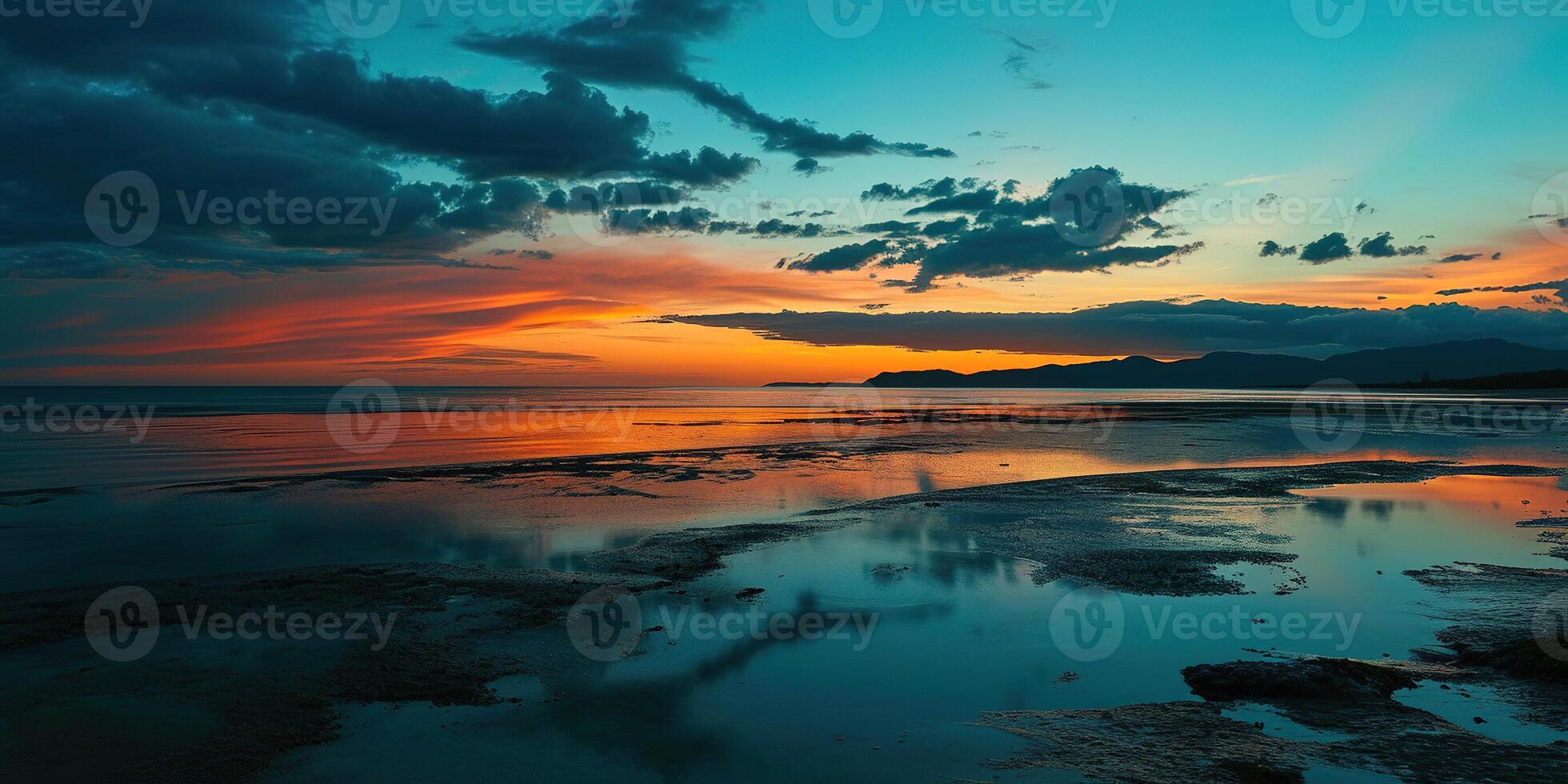AI generated Calm Sea sunset landscape. Purple, pink, orange fiery golden hour evening sky in the horizon. Mindfulness, meditation, calmness, serenity, relaxation concept wallpaper background photo
