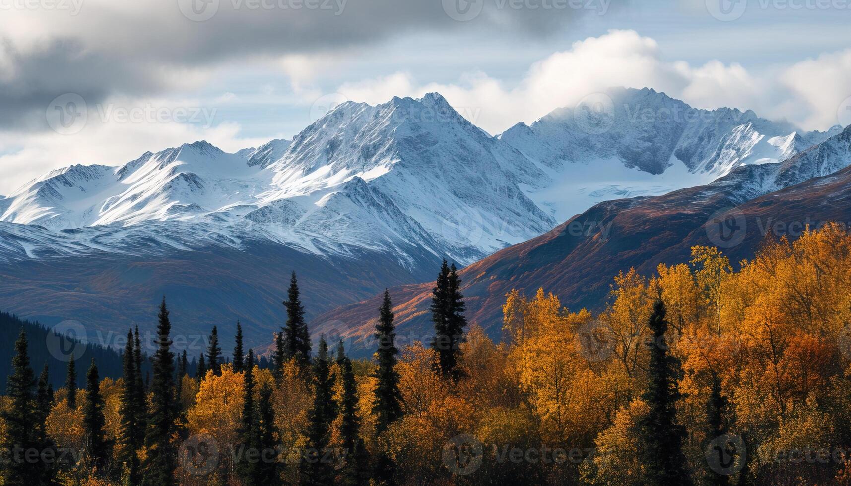 ai generado Nevado montañas de Alaska, paisaje con bosques, valles, y ríos en tiempo de día. sereno desierto naturaleza composición antecedentes fondo de pantalla, viaje destino, aventuras al aire libre foto