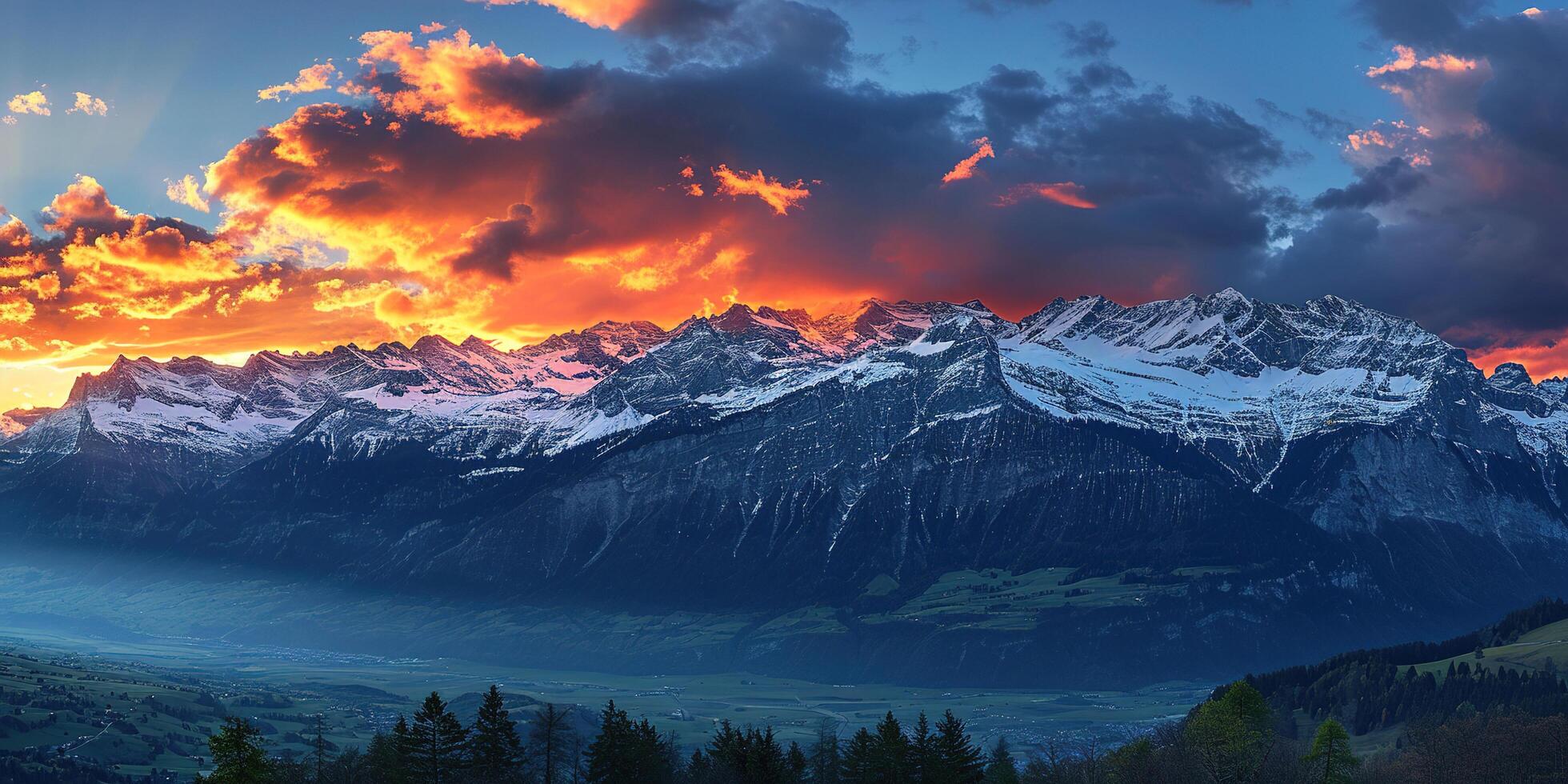 AI generated Swiss Alps snowy mountain range with valleys and meadows, countryside in Switzerland landscape. Golden hour majestic fiery sunset sky, travel destination wallpaper background photo