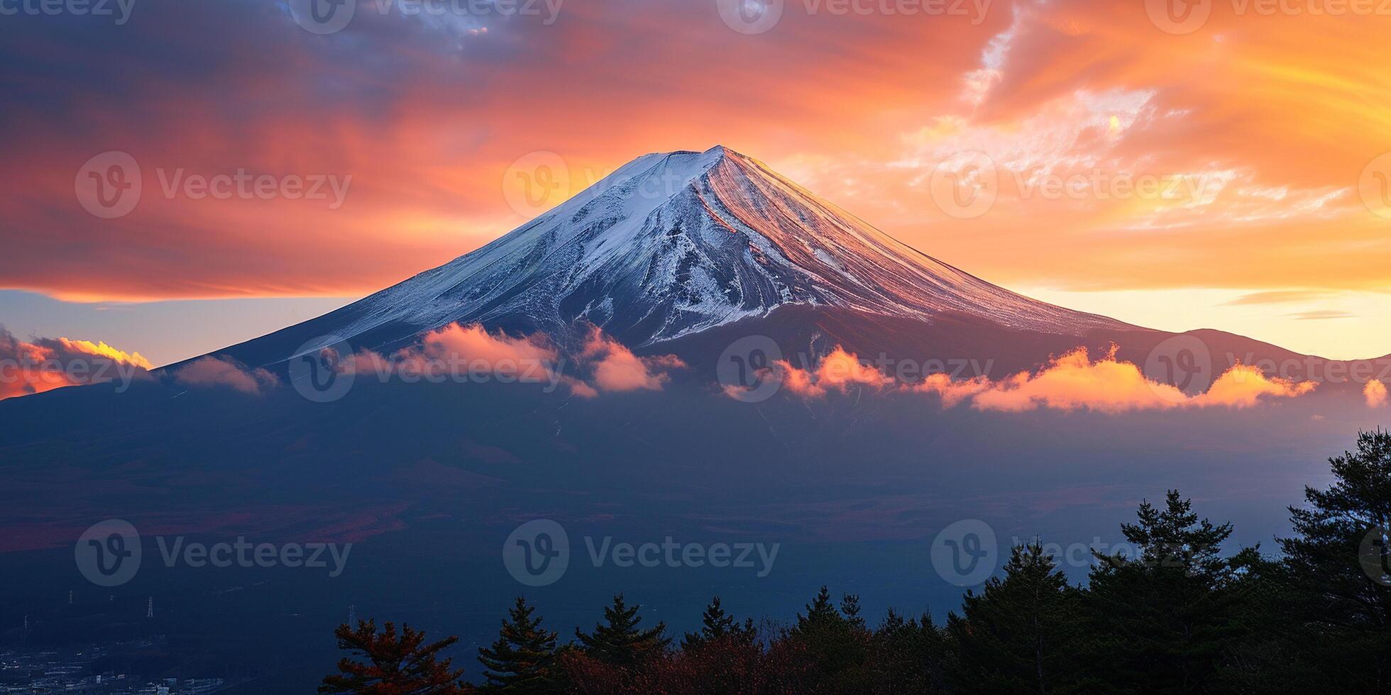 AI generated Mt. Fuji, mount Fuji-san tallest volcano mountain in Tokyo, Japan. Snow capped peak, conical sacred symbol, purple, orange sunset nature landscape backdrop background wallpaper, travel photo