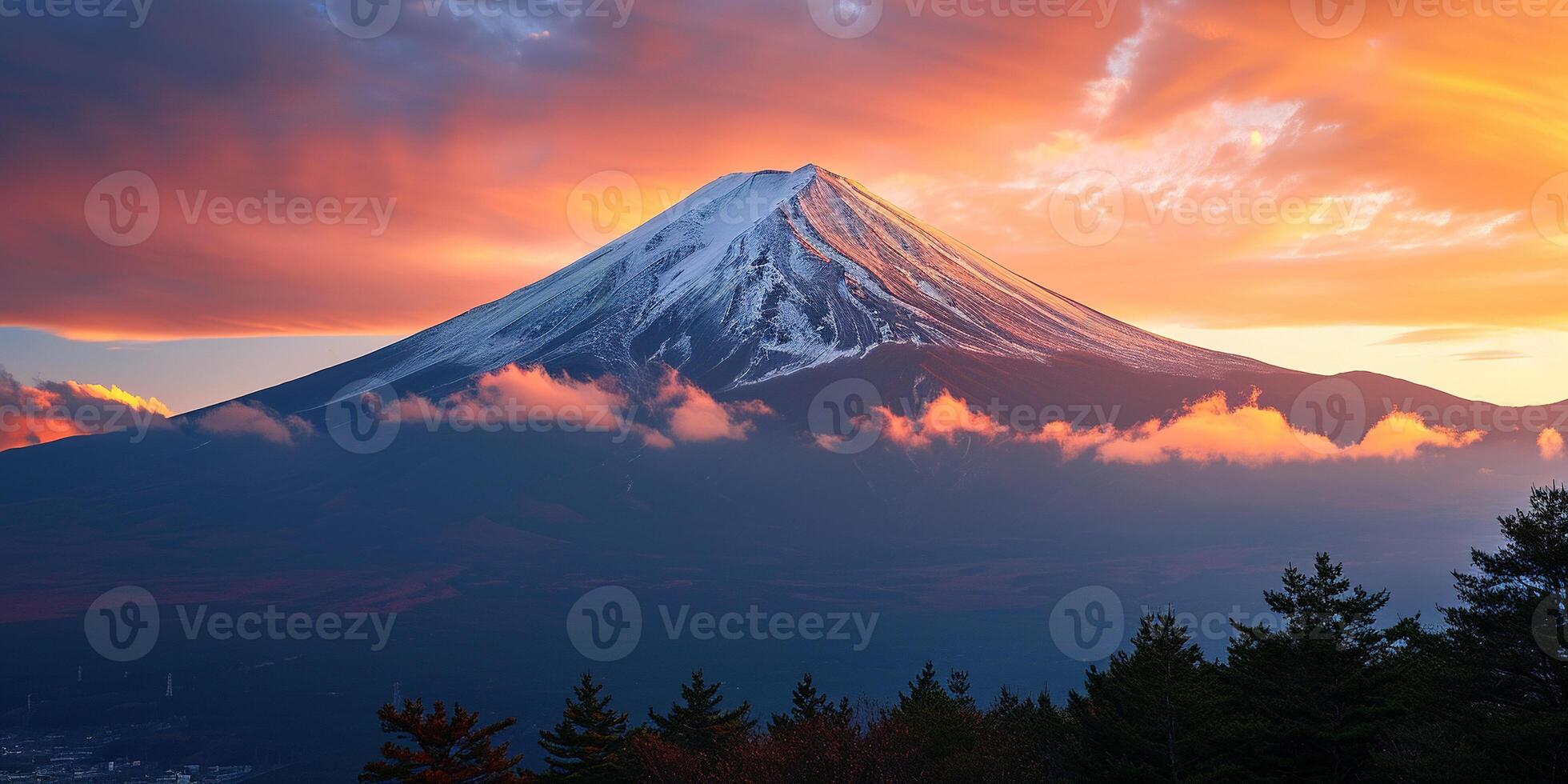 ai generado monte. fuji, montar fuji-san más alto volcán montaña en tokio, Japón. nieve tapado cima, cónico sagrado símbolo, púrpura, naranja puesta de sol naturaleza paisaje fondo antecedentes fondo de pantalla, viaje foto