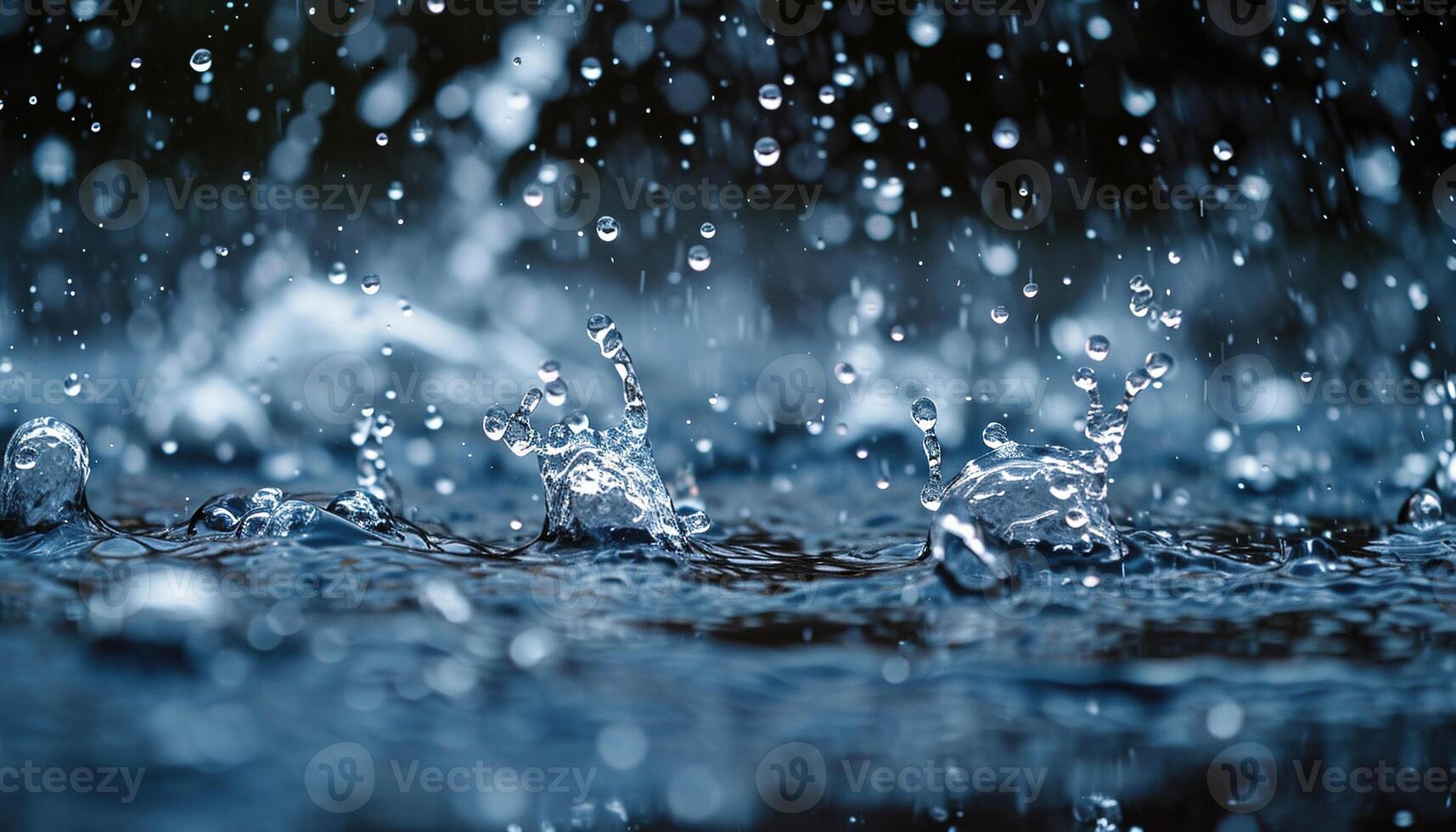 ai generado de cerca de lluvia gotas salpicaduras en en un charco. lluvioso temporada otoño en un ciudad macro disparo, melancólico, triste estado animico foto