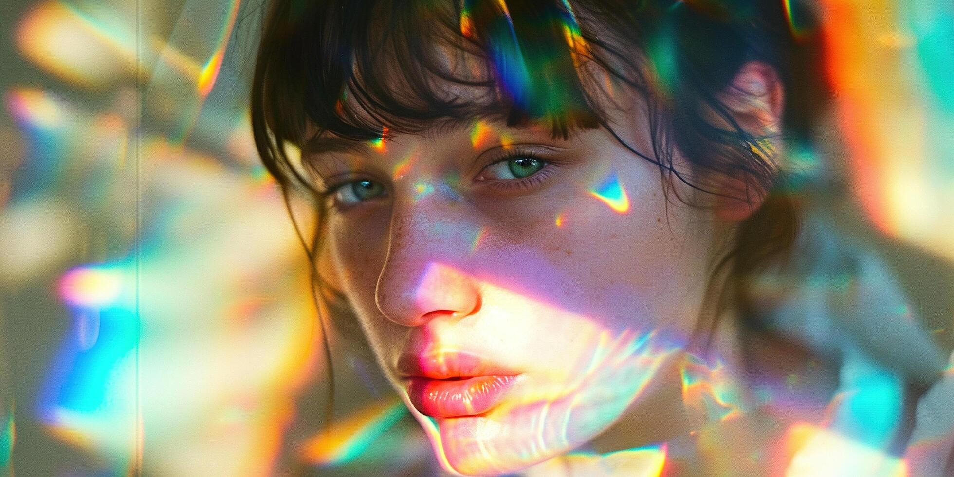 ai generado joven mujer modelo en su 20s posando en un prisma manchado vaso arco iris espectro brillante color Encendiendo. natural belleza, juventud, cara piel cuidado, Moda y maquillaje concepto antecedentes foto