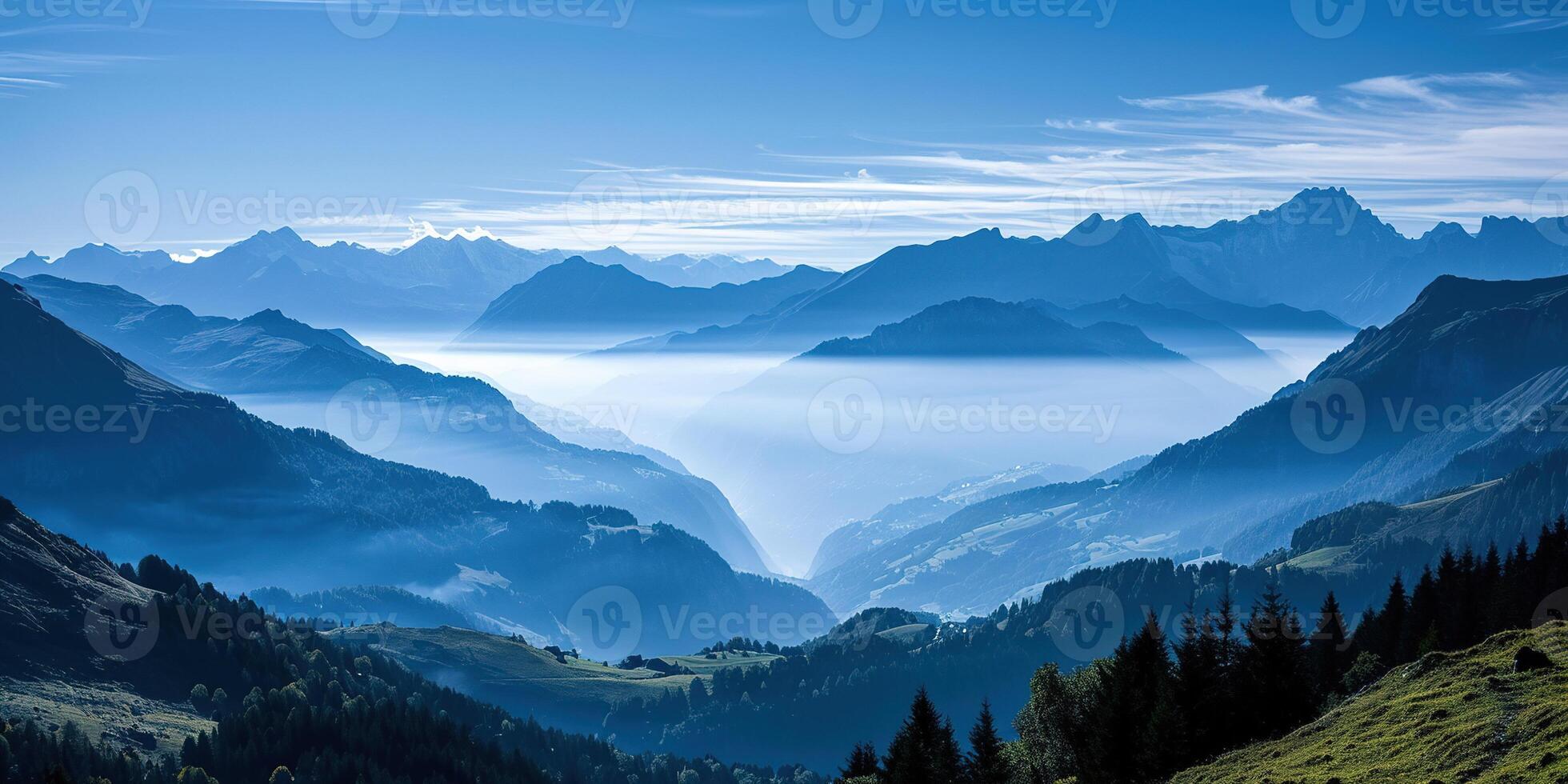 AI generated Swiss Alps mountain range with lush forest valleys and meadows, countryside in Switzerland landscape. Serene idyllic panorama, majestic nature, relaxation, calmness concept photo