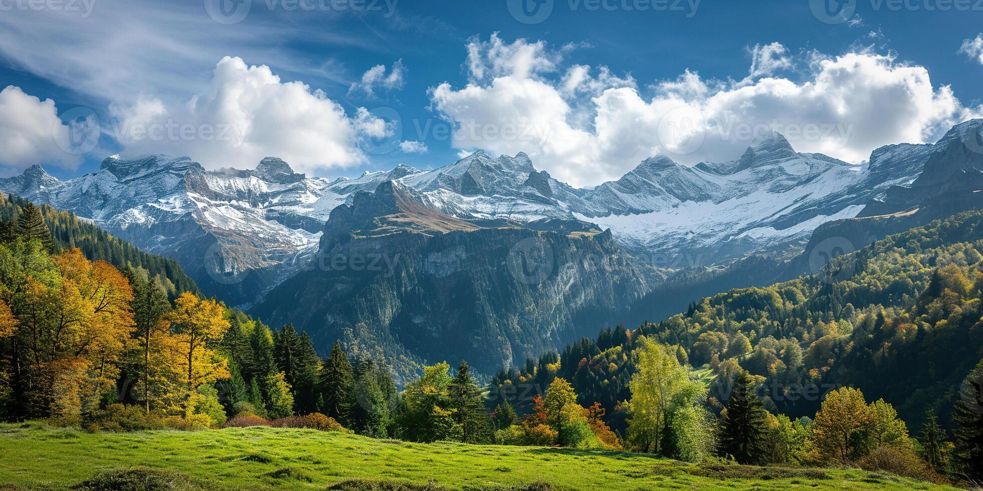 AI generated Swiss Alps mountain range with lush forest valleys and meadows, countryside in Switzerland landscape. Serene idyllic panorama, majestic nature, relaxation, calmness concept photo