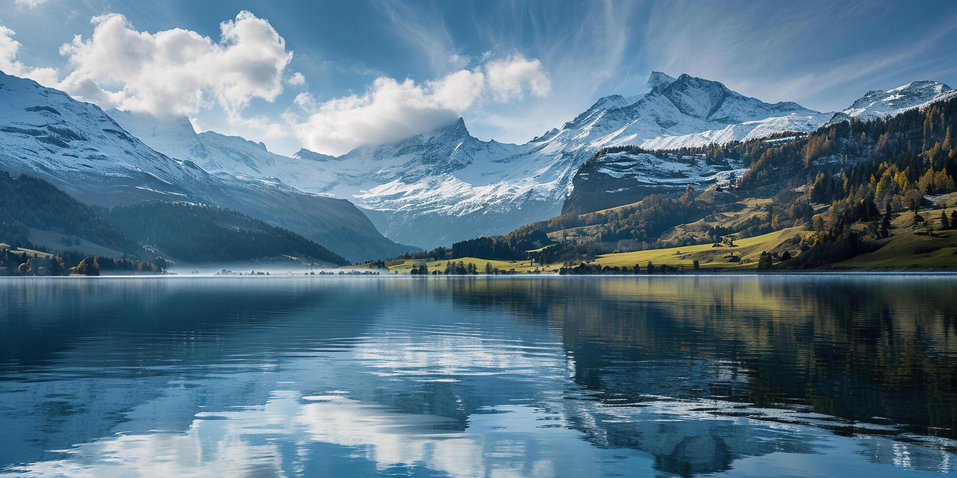 AI generated Swiss Alps mountain range with lush forest valleys and meadows, countryside in Switzerland landscape. Snowy mountain tops in the horizon, travel destination wallpaper background photo