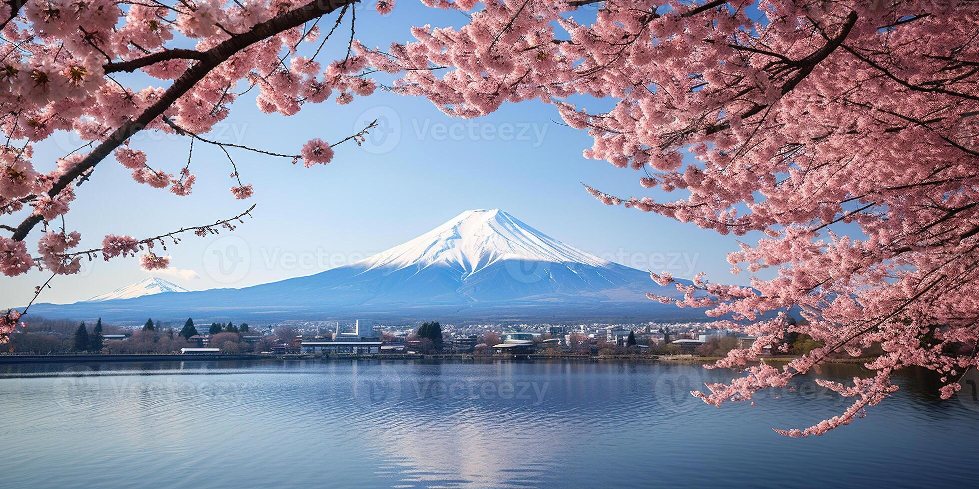 AI generated Mt. Fuji, mount Fuji san tallest volcano mountain in Tokyo, Japan. Snow capped peak, conical sacred symbol, spring season, sakura pink trees, nature landscape backdrop background photo