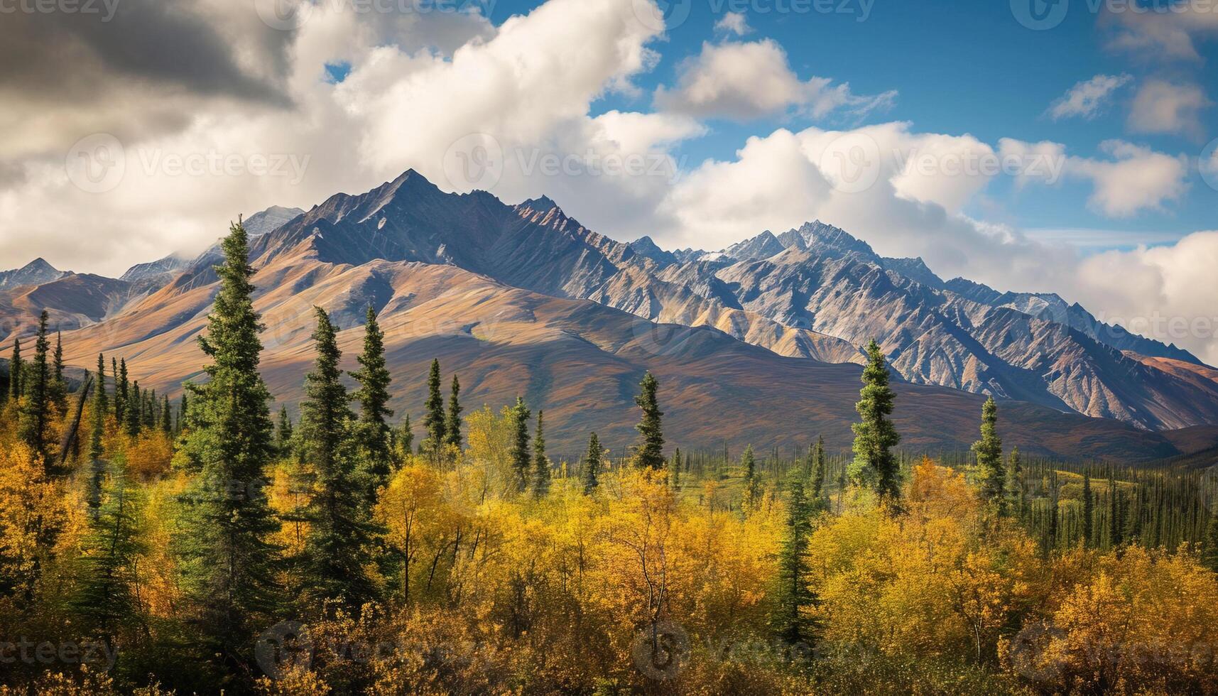 AI generated Snowy mountains of Alaska, landscape with forests, valleys, and rivers in daytime. Serene wilderness nature composition background wallpaper, travel destination, adventure outdoors photo