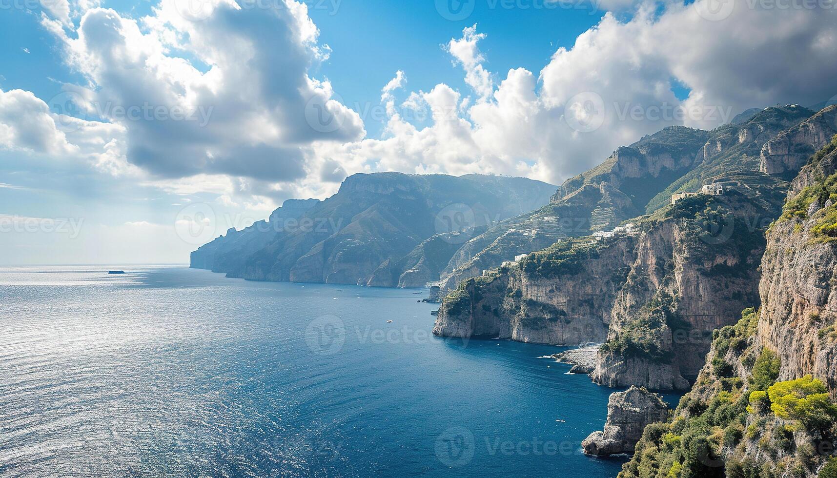 AI generated Amalfi coast coastline in Sorrentine Peninsula, Campania region, Italy. Holiday destination shoreline with hills, beaches, and cliffs, sea view, blue sky day wallpaper background photo