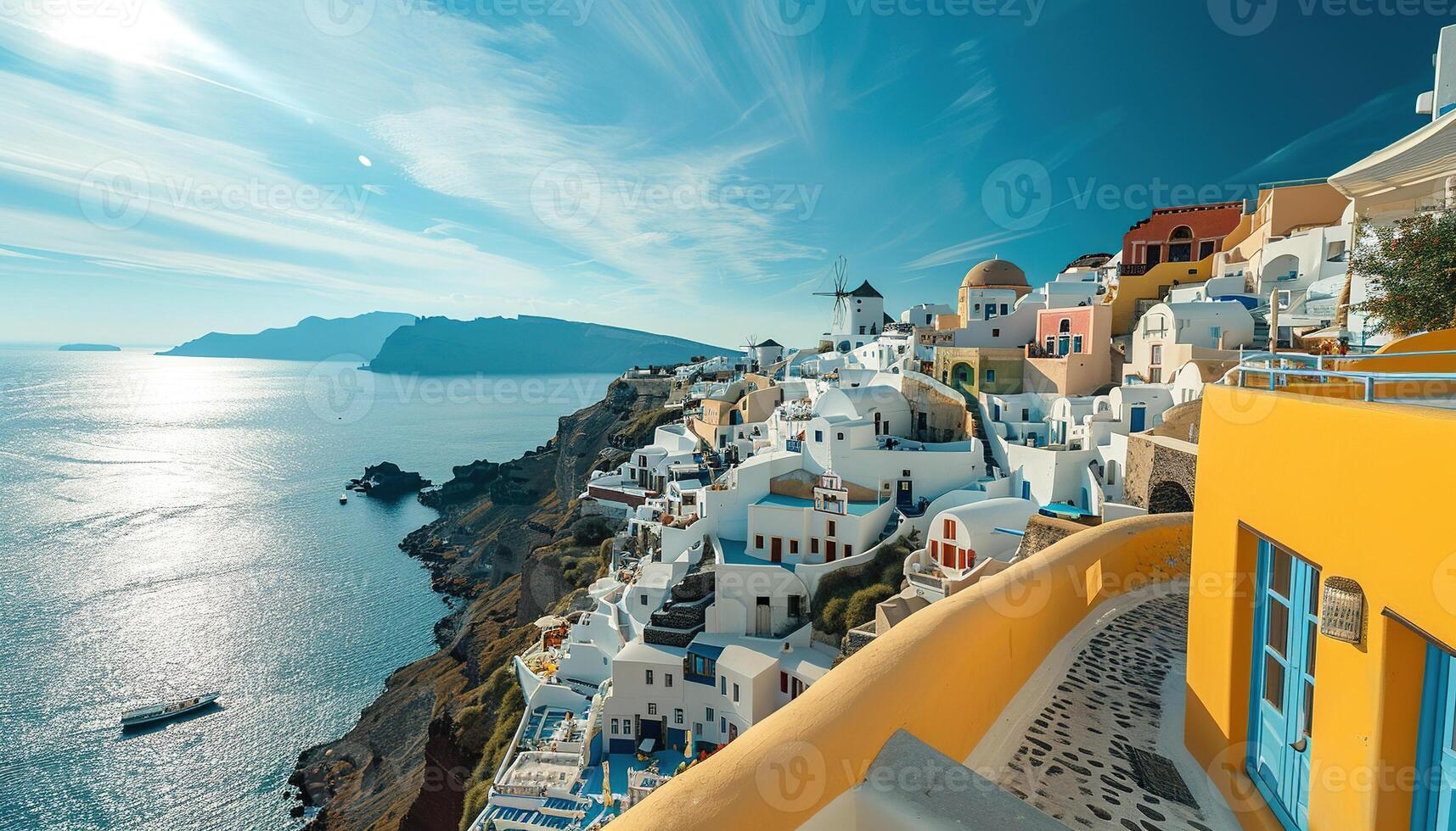 AI generated Santorini Thira island in southern Aegean Sea, Greece daytime. Fira and Oia town with white houses overlooking cliffs, beaches, and small islands panorama background wallpaper photo