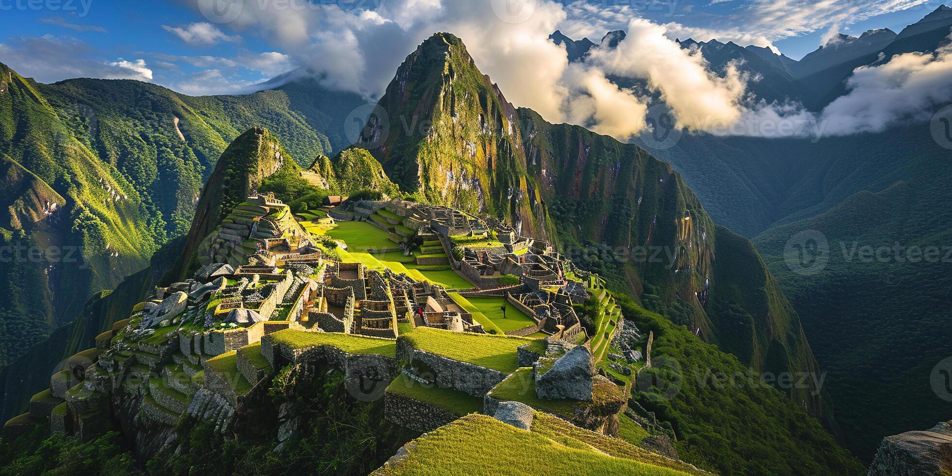 ai generado histórico santuario de machu picchu en un montaña cresta, oriental Cordillera de del Sur Perú. inca ciudadela en el Andes montañas, antiguo civilización, puesta de sol panorama paisaje foto