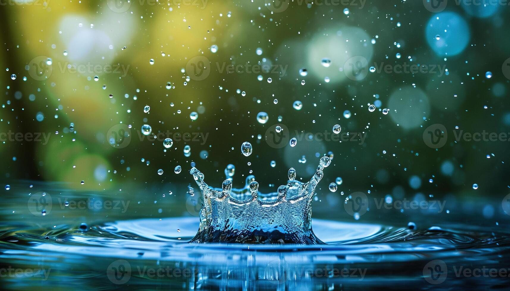 AI generated Closeup of a water drop splash in in a pond. Macro shot, blue and gray tones, surface tension, beautiful nature photo