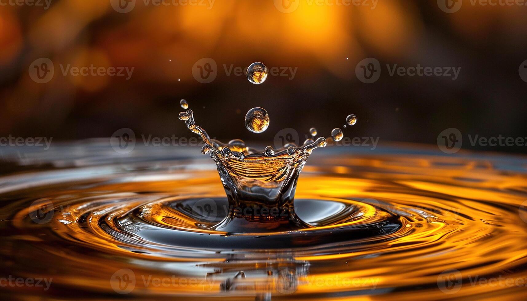 AI generated Closeup of a water drop splash in in a pond during golden hour sunset. Macro shot, orange and yellow tones, refreshing beautiful nature, surface tension, ripples photo