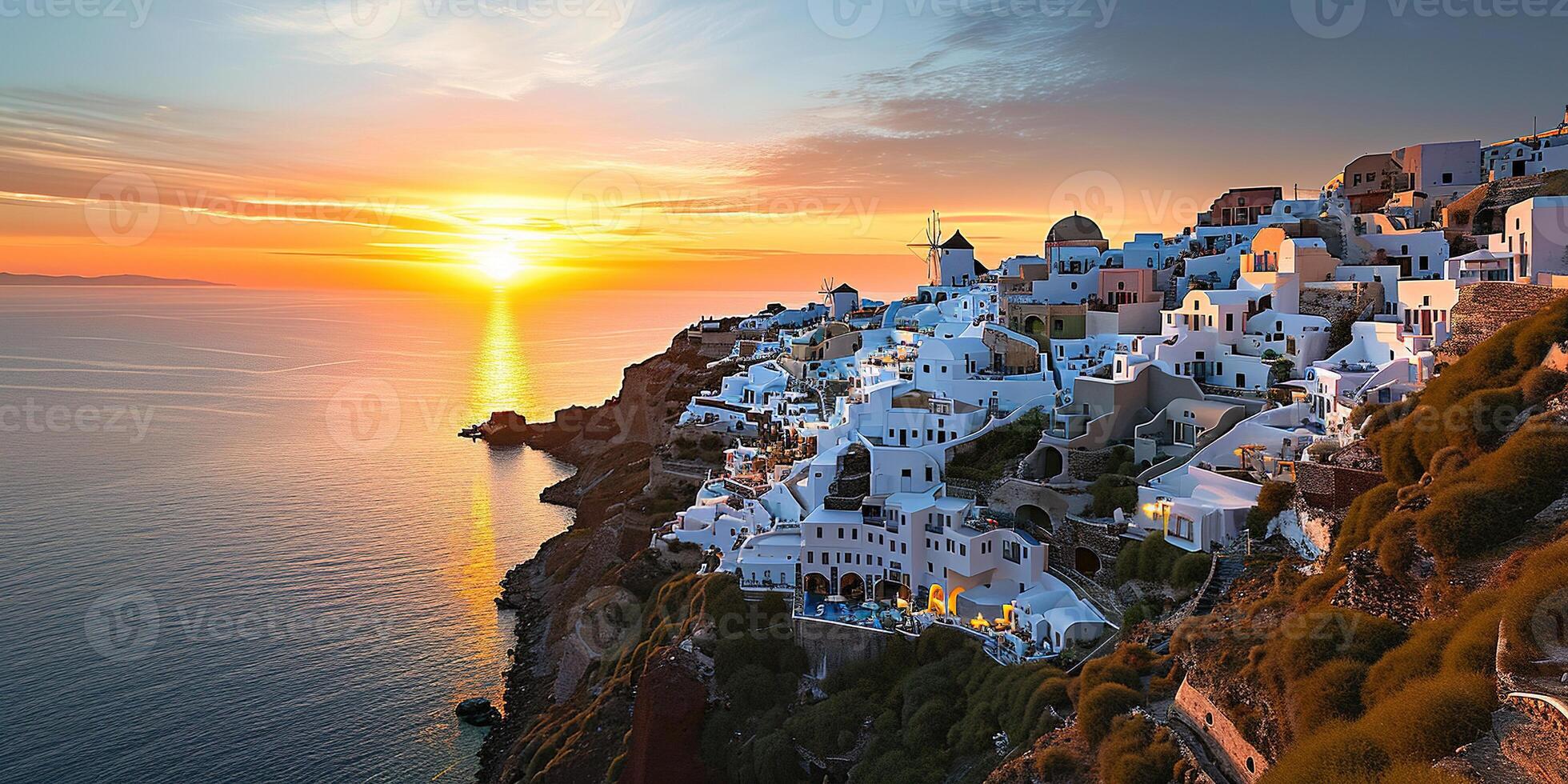 AI generated Santorini Thira island in southern Aegean Sea, Greece sunset. Fira and Oia town with white houses overlooking cliffs, beaches, and small islands panorama background wallpaper photo