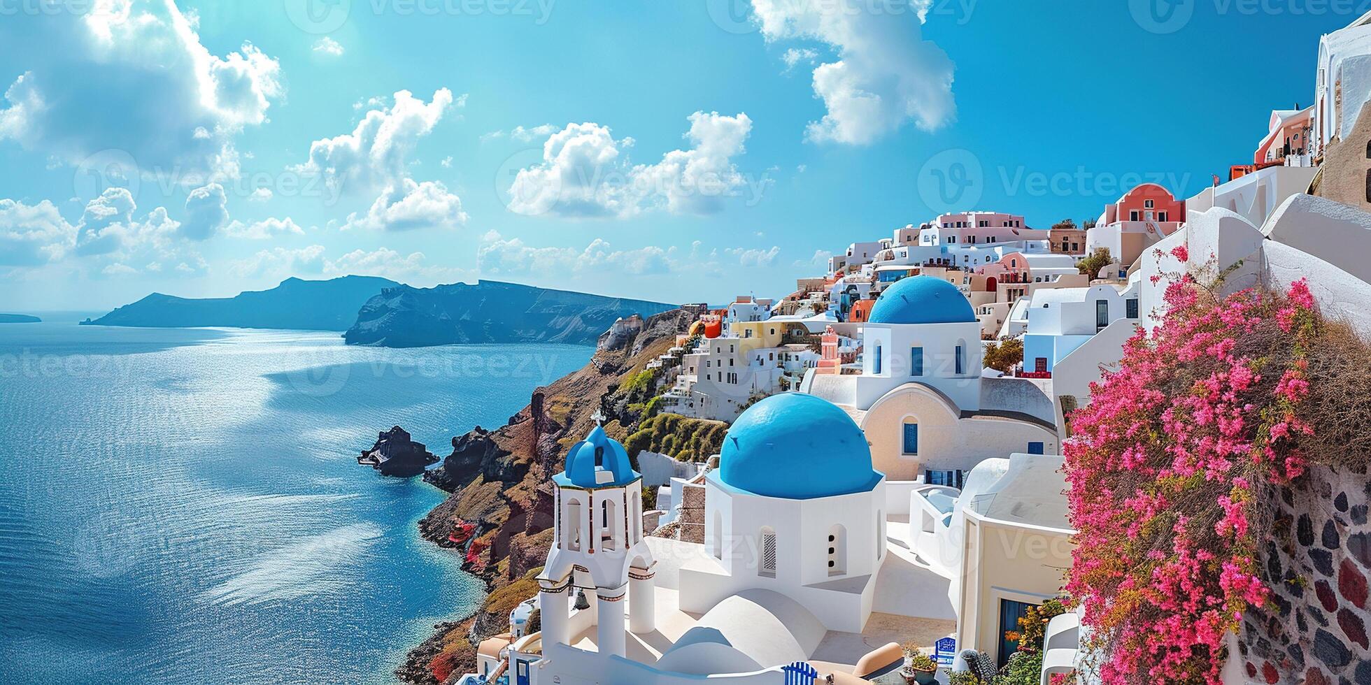 ai generado santorini thira isla en del Sur Egeo mar, Grecia tiempo de día. fira y oia pueblo con blanco casas con vista a acantilados, playas, y pequeño islas panorama antecedentes fondo de pantalla foto