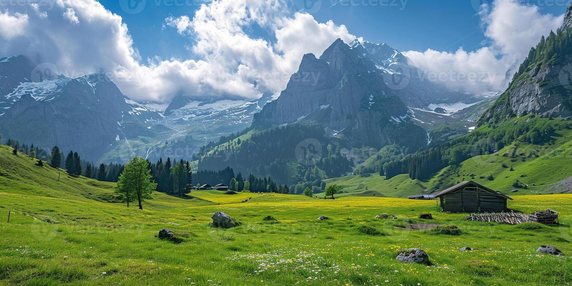 AI generated Swiss Alps mountain range with lush forest valleys and meadows, countryside in Switzerland landscape. Snowy mountain tops in the horizon, travel destination wallpaper background photo