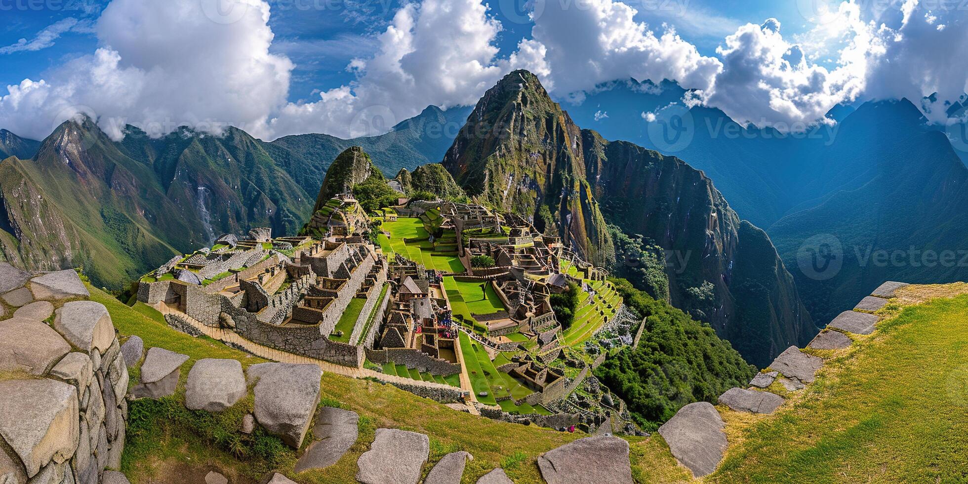 ai generado histórico santuario de machu picchu en un montaña cresta, oriental Cordillera de del Sur Perú. inca ciudadela en el Andes montañas, antiguo civilización, naturaleza panorama paisaje foto