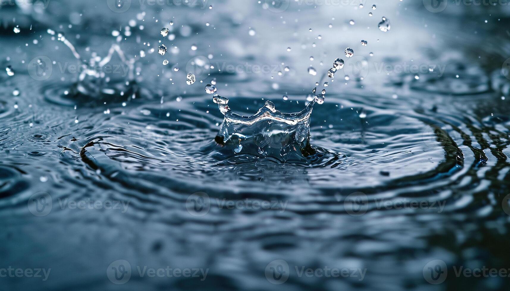 AI generated Closeup of rain drops splashing in in a puddle. Rainy season Autumn in a city macro shot, melancholic, sad mood photo