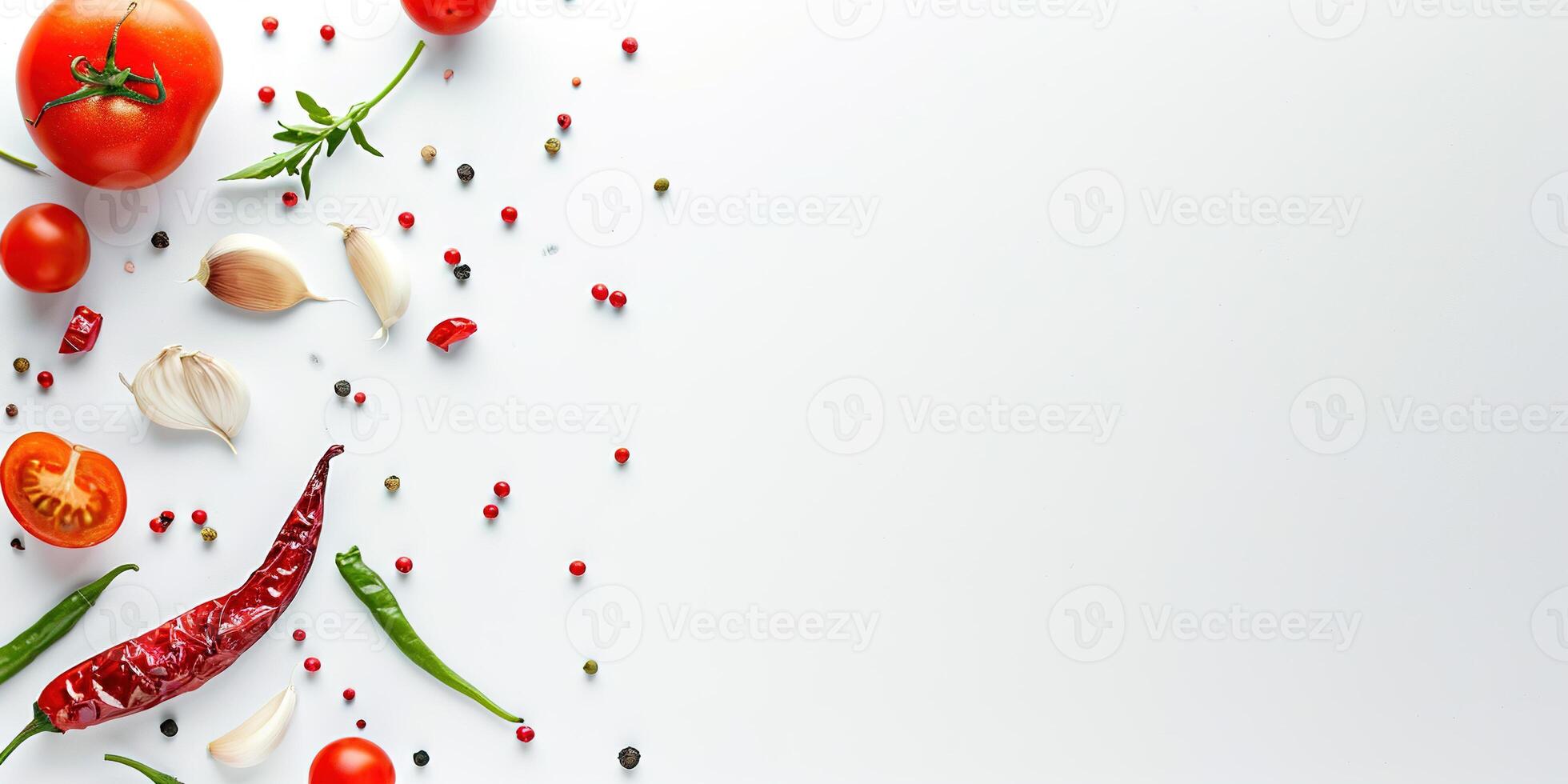 AI generated Tomato, garlic, red and green chili peppers, black pepper cooking composition concept on a white background with copy space. Spicy food backdrop photo