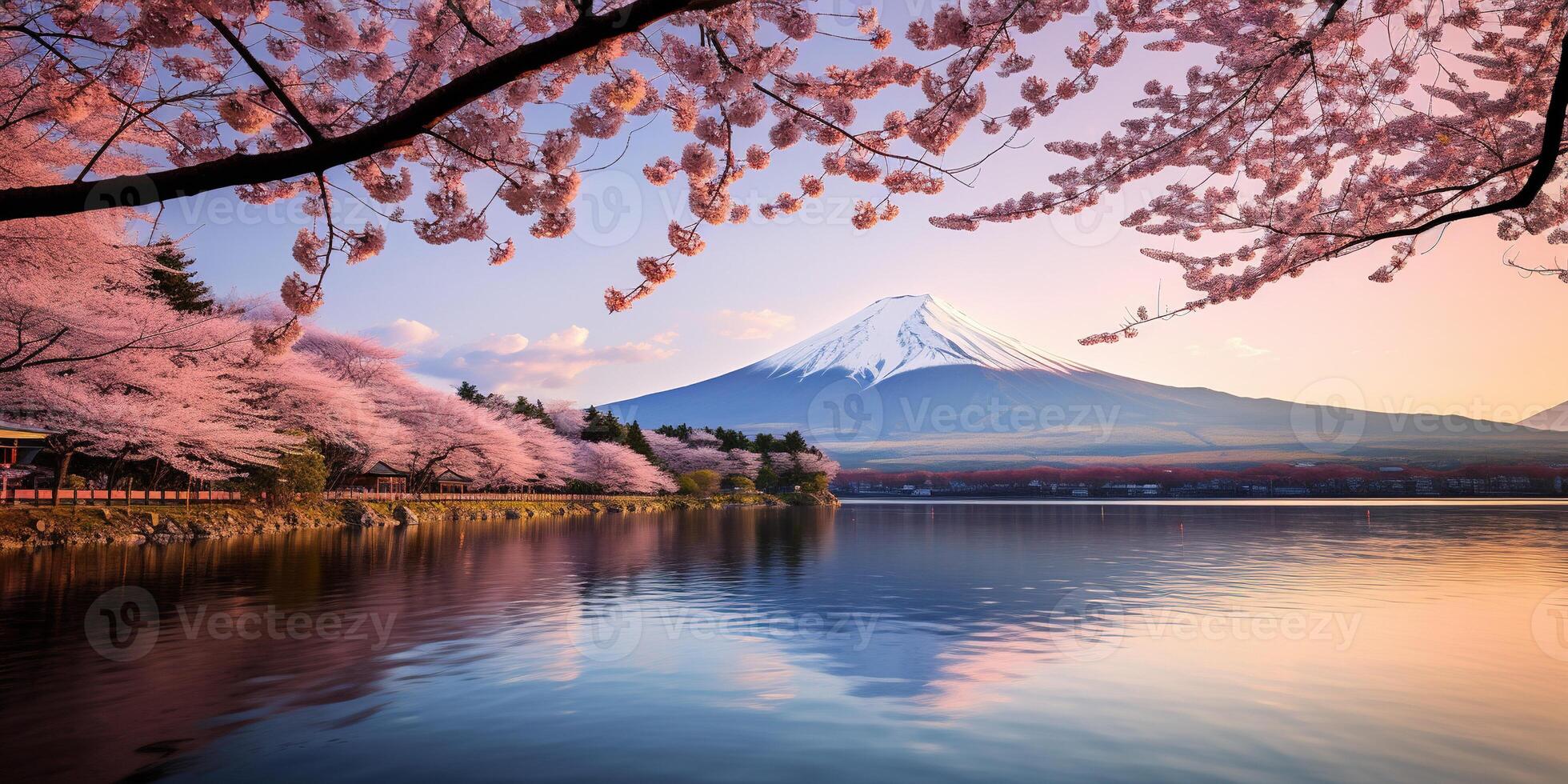 AI generated Mt. Fuji, mount Fuji san tallest volcano mountain in Tokyo, Japan. Snow capped peak, conical sacred symbol, spring season, sakura pink trees, nature landscape backdrop background photo