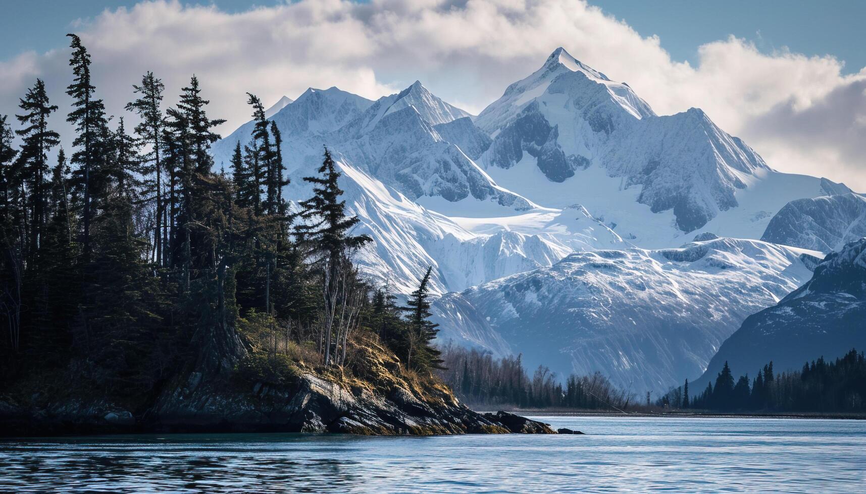 ai generado Nevado montañas de Alaska, paisaje con bosques, valles, y ríos en tiempo de día. asombroso naturaleza composición antecedentes fondo de pantalla, viaje destino, aventuras al aire libre foto