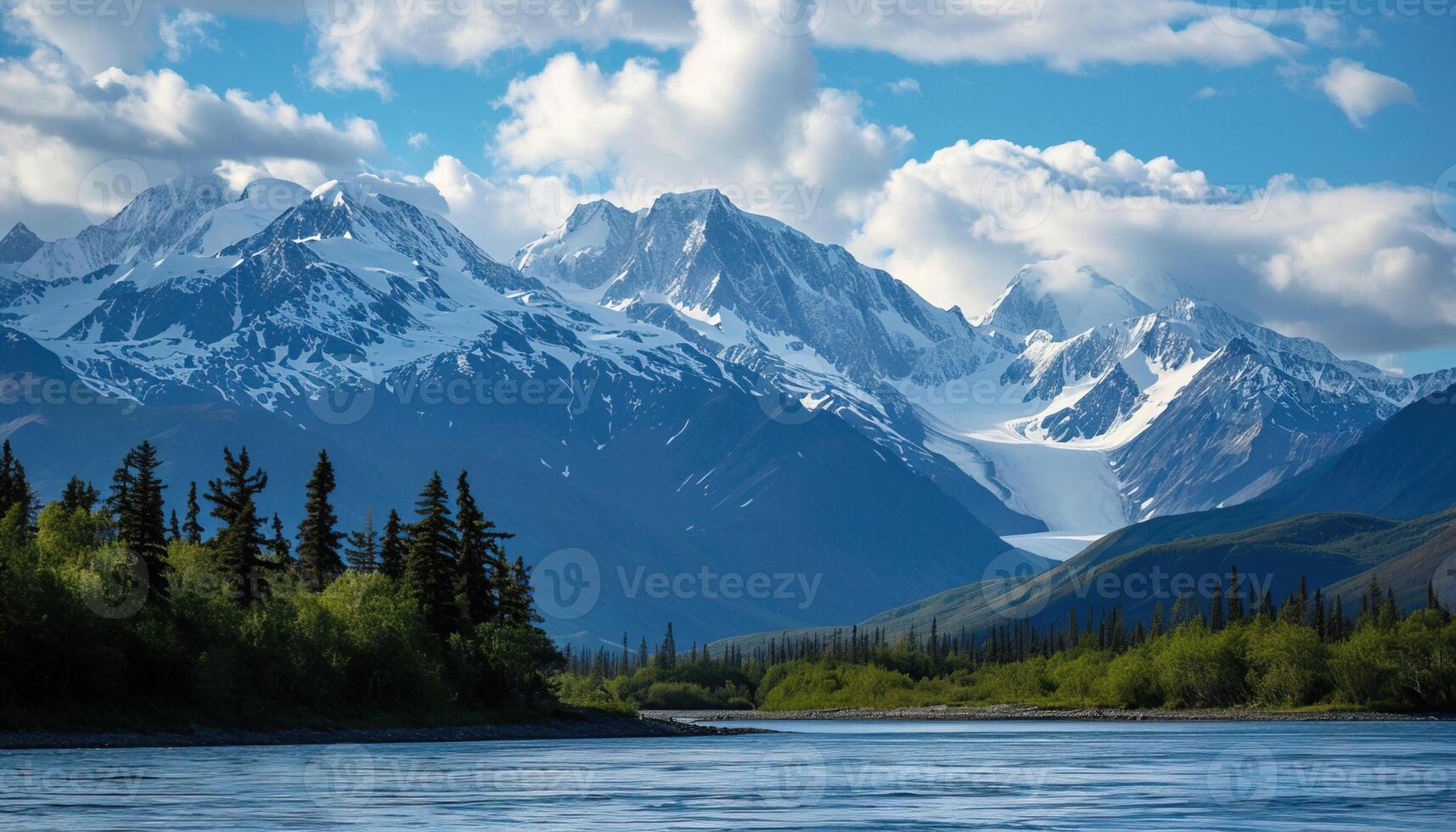 AI generated Snowy mountains of Alaska, landscape with forests, valleys, and rivers in daytime. Breathtaking nature composition background wallpaper, travel destination, adventure outdoors photo